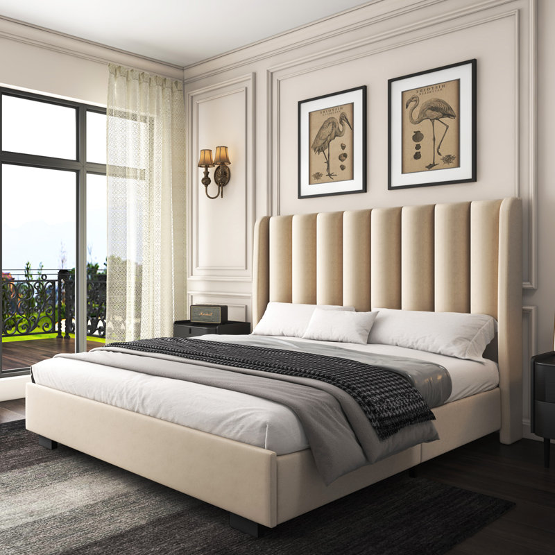 Lift Up Storage Bed Frame With 51" Tall Headboard, Upholstered Velvet Wingback Tufted Design, Wood Slats Support, No Box Spring Required, Noise-free Double Bed Frame
