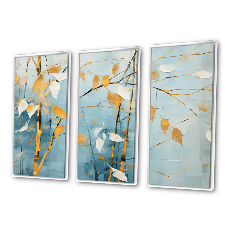 Ensemble de salon mural en bambou bleu et doré Minimalisme I, H 28 po x l 36 po x P 1 po, Cadre flottant blanc