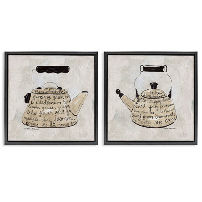 Antique Tea Kettle Phrases 2 Piece Brown Framed Floater Canvas Set, design by Carol Robinson