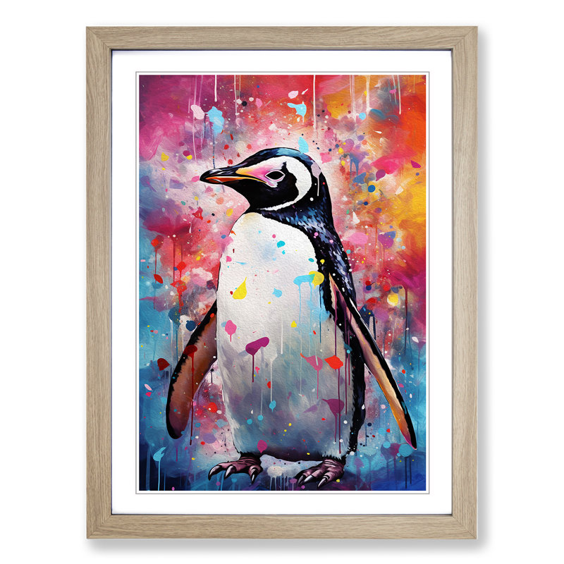 Penguin Abstract - Single Picture Frame Print on Wood, 46cm H x 34cm W x 2cm D, Oak Framed
