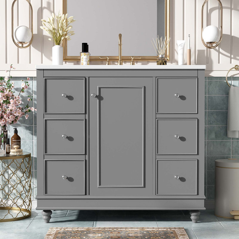 Ensemble de meuble-lavabo moderne avec lavabo en céramique 36 po x 18,3 po x 34,1 po, 4 tiroirs et 1 porte, rangement polyvalent, tablette réglable, structure en bois massif