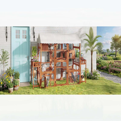 Large Outdoor Cat Enclosure with 2 Plant Stands, Multi-Level Playpen, Weather-Resistant Roof, and Resting Box, Brown