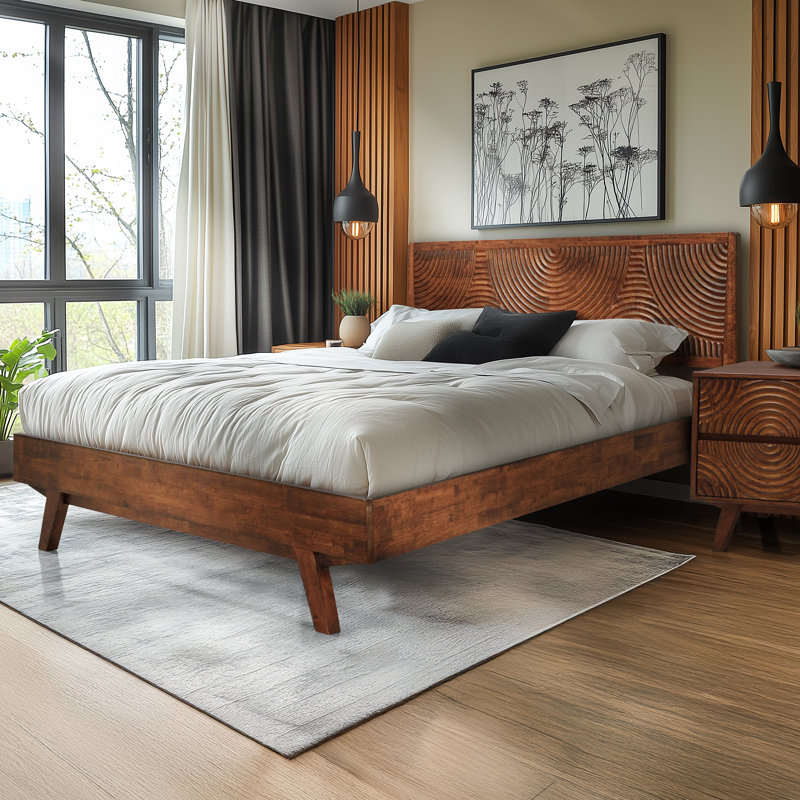 Harmony Solid Wood Bed Frame Platform Style with Sculpted Headboard, Mid-Century Modern, No Box Spring Needed, Smart Tools Assembly, 800 lbs Capacity