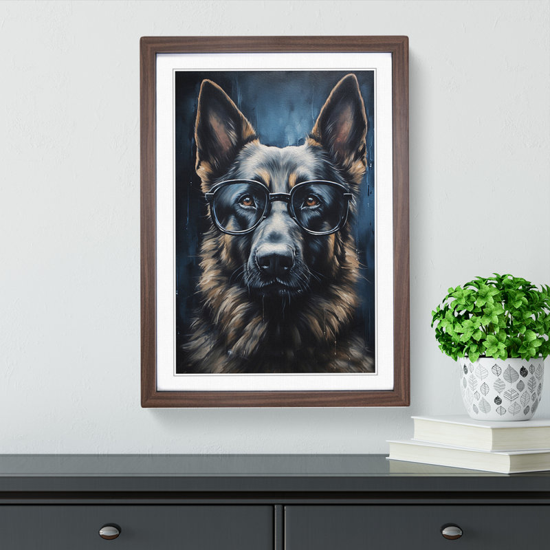 German Shepherd With Glasses No.4 - Single Picture Frame Print on Wood, Walnut Framed, 46cm H x 34cm W