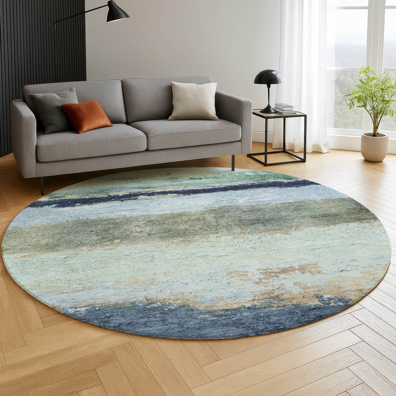 Premium Machine Washable Mayfield Striped Rug, Denim, 8' Round