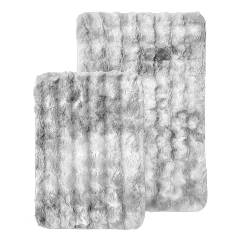 2 Piece Striped Textured Ultra Soft Faux Fake Rabbit Non-Slip Absorbent Bathroom Bath Mat Set, Gray