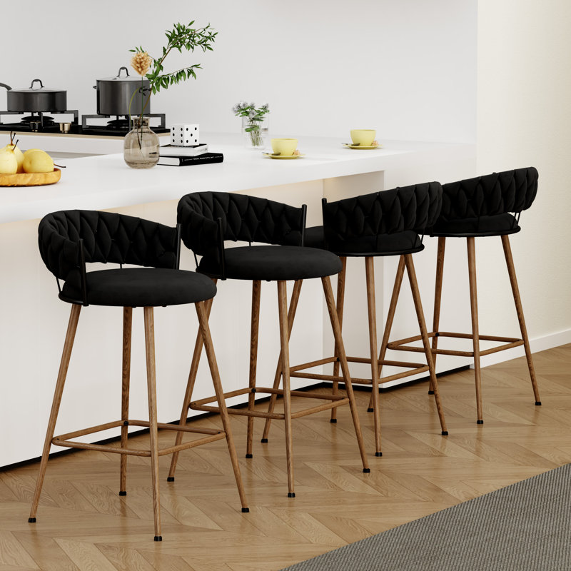 Upholstered Counter Stool With Metal Frame, Black, Bar Stool (30" Seat Height)