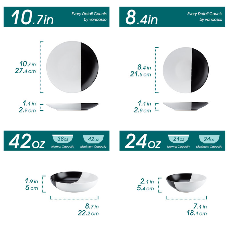16 Piece Handmade Stoneware Dinnerware Set - Service for 4, Black/White