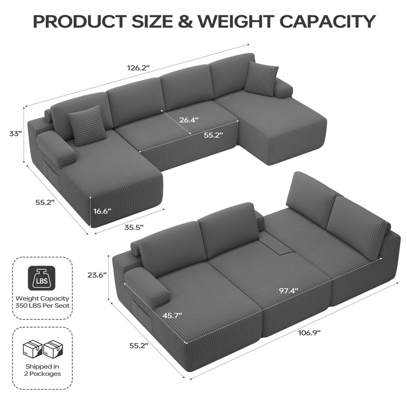 Canapé modulaire en forme de U de Boneless, Gris