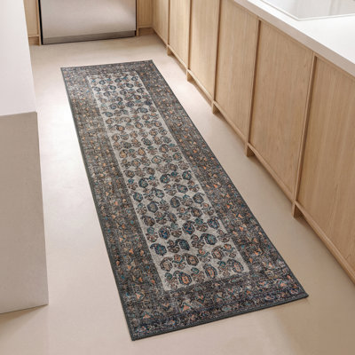 Longnecker 2'6" x 10' Runner Rug – Ivory, Coral & Cypress Blue Heritage Flatweave, Low-Pile – Easy Clean Runner Rug – Perfect for Hallway, Kitchen, Entryway – Pet & Kid Friendly