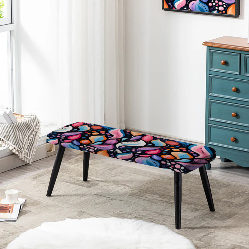 Motif de fleurs mauve Mid-Century - banc rembourré noir Mid-Century
