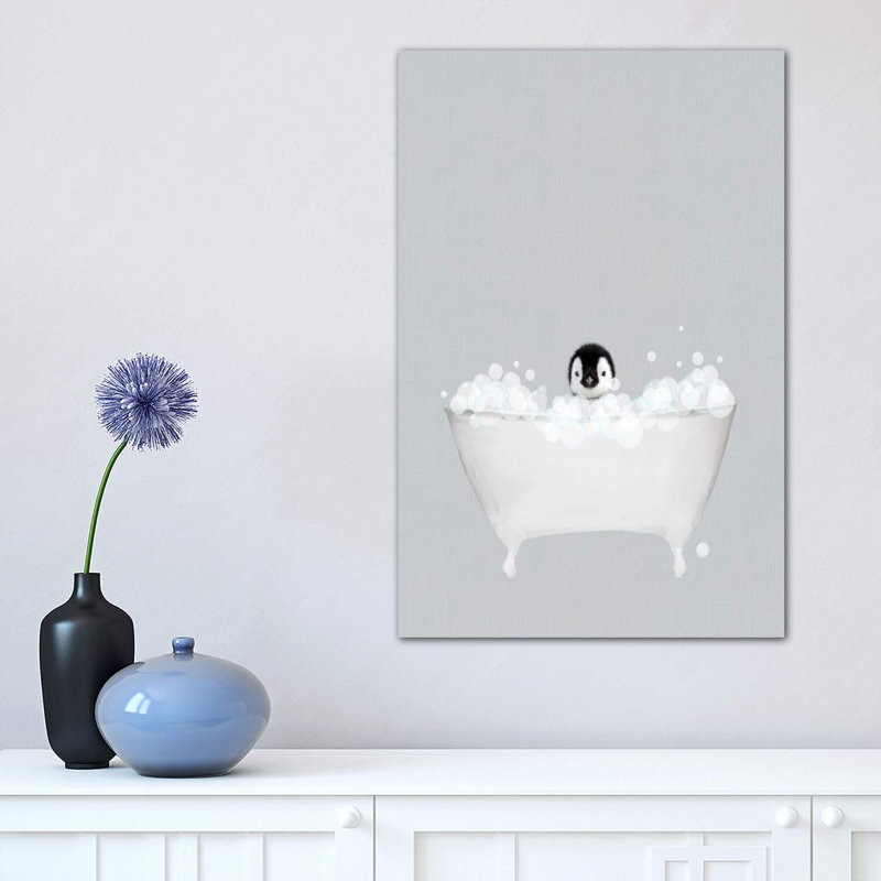 Penguin Blue Bath by Leah Straatsma - Wrapped Canvas Print, 30.48 cm H x 45.72 cm W