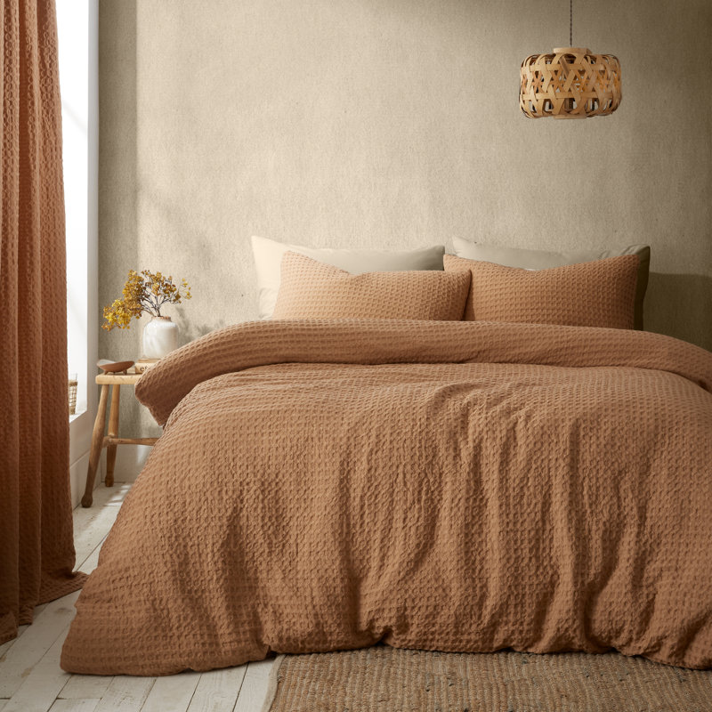 Muscat Waffle Duvet Cover Set Polyester Solid Colour Duvet Cover Set with Pillowcases Included, Orange