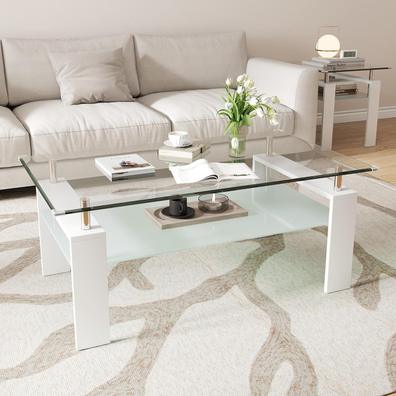 Table basse avec plateau en verre trempé et cadre en panneau de fibres à densité moyenne, centre de table rectangulaire moderne en verre blanc pour le salon, appartement