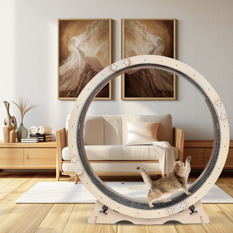 Roue d'exercice pour chat de 41 po pour chats d'intérieur - Roue de course en bois naturel avec piste recouverte de tapis, rouleaux en Tpe silencieux, serrure de sécurité intégrée et protection anti-pincement