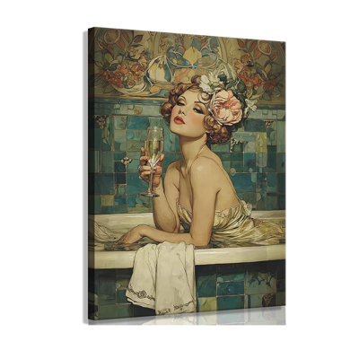 Vintage Bathroom Canvas Wall Art Woman With Champagne Picture Wall Decor Coquette Bathtub Poster Print Elegant Woman In A Bathtub Painting Artwork For Toilet Bar Home Decoration 16X24in Frame