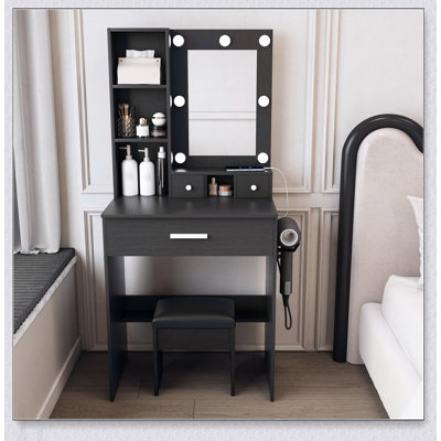 Vanity Table with Mirror, Adjustable LED Lights, Power Outlet, Hairdryer Holder & Stool – Compact Dressing Desk for Small Bedrooms