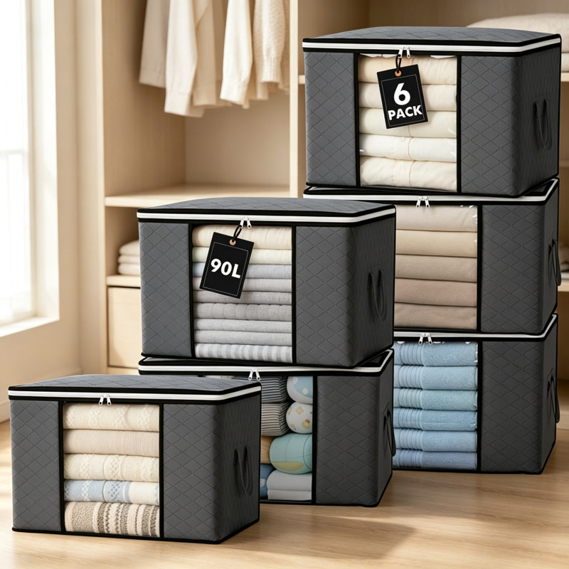 6‑Pack Large 90L Foldable Fabric Storage Bags with Lids & Reinforced Handles, Breathable Thick‑Fabric Clothing Organiser Boxes with Zips, for Comforters, Blankets & Bedding
