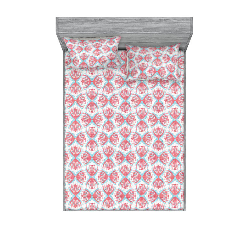 Ambesonne Fitted Sheet & Shams, Coral/Sky Blue Abstract, King Sheet Set with 2 Pillowcases