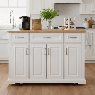 Grand îlot de cuisine traditionnel de 54 po avec abattant en bois d'hévéa, 4 portes et 3 tiroirs