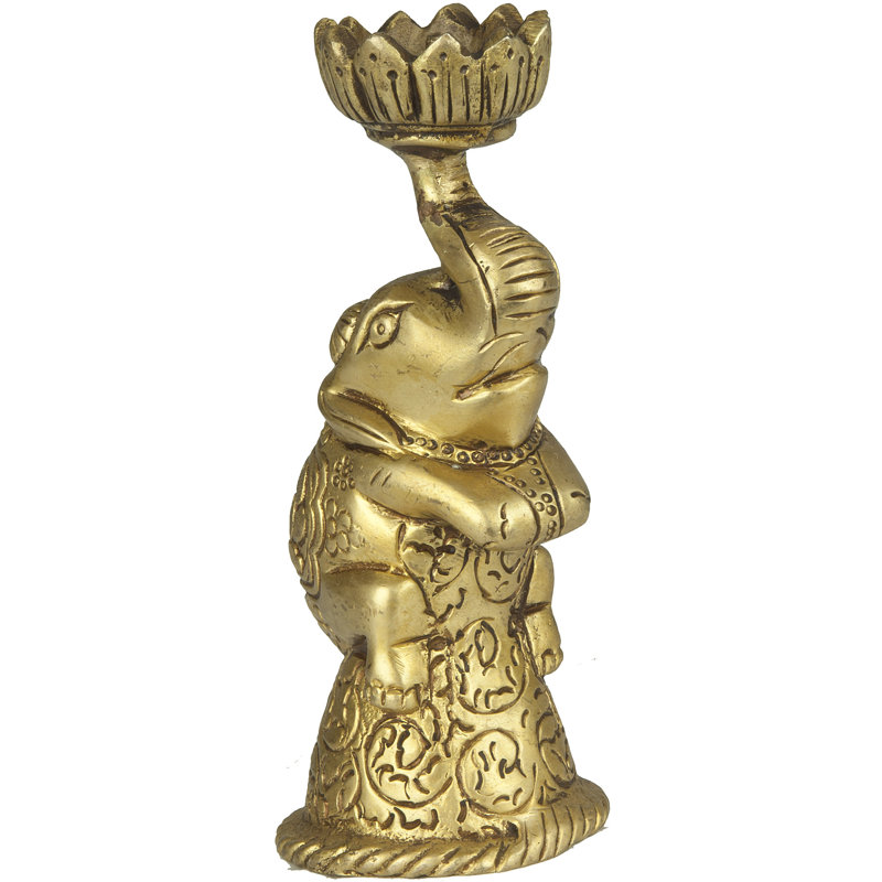 4.6" Handcrafted Brass Elephant Candle Holder – Lotus Trunk Tealight & Votive Stand for Tabletop Décor​