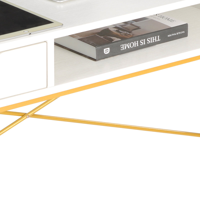 Bureau d'écriture en bois avec tiroirs et structure en métal Hakes, Blanc / Doré