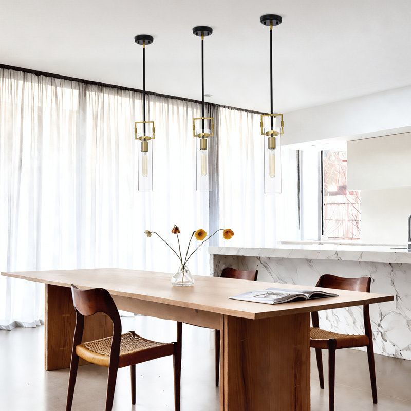 Black and Antique Gold 1-Light Mini Pendant with Clear Cylindrical Glass Shade, Black/Antique Gold, 1