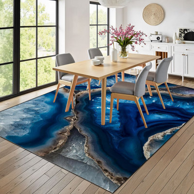 10x14 Area Rugs for Bedroom Blue Agate Crystal Slice Geode Layered Boho Washable Rug for Living Room Carpet for Dining Room Soft Rubber Backed Non-Slip Carpets for Nursery Office