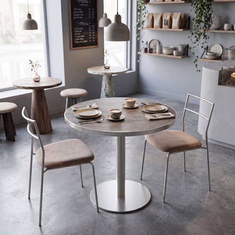 Table de salle à manger ronde à piédestal en pierre frittée avec base en acier inoxydable, Layered Taupe Gray