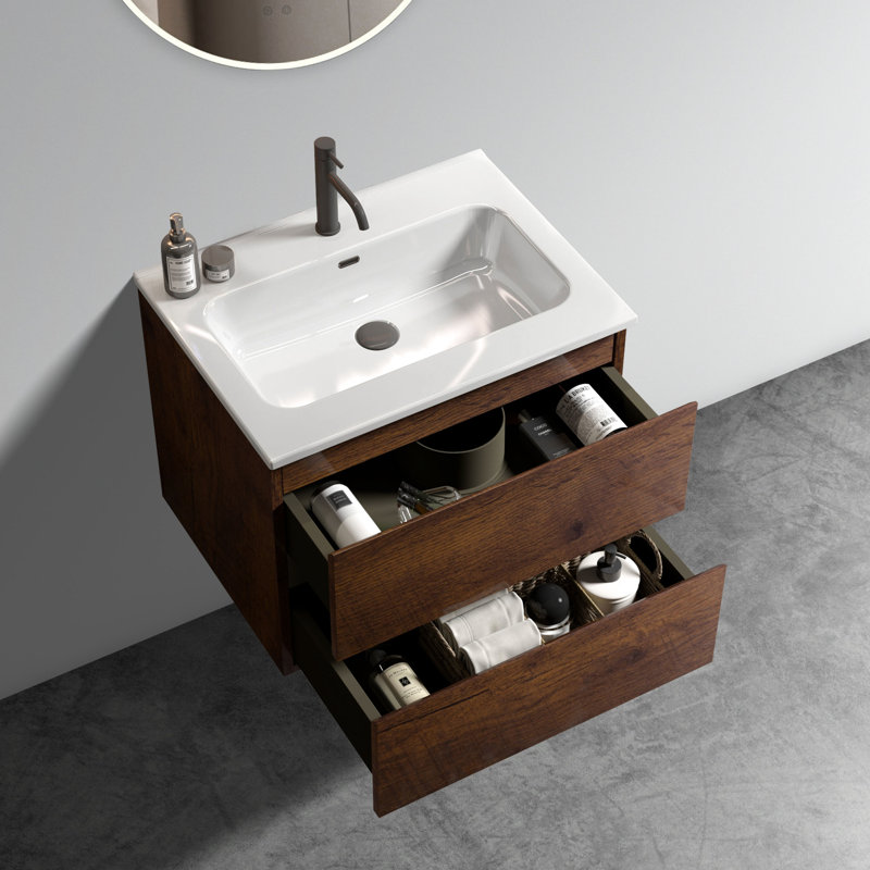 Meuble-lavabo mural 24 po en noyer - évier en céramique, espace de rangement abondant, aspect évier silencieux, rangement volumineux,