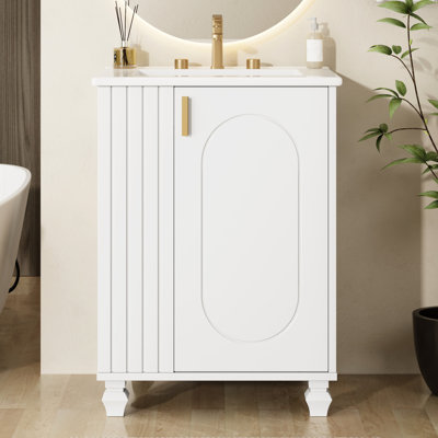Meuble-lavabo blanc de 24 po avec lavabo en céramique lisse, pieds en bois de pin, porte à fermeture en douceur, compartiments latéraux ouverts, cadre à 2 niveaux, poignées en métal, tablettes, rangement sous l'évier