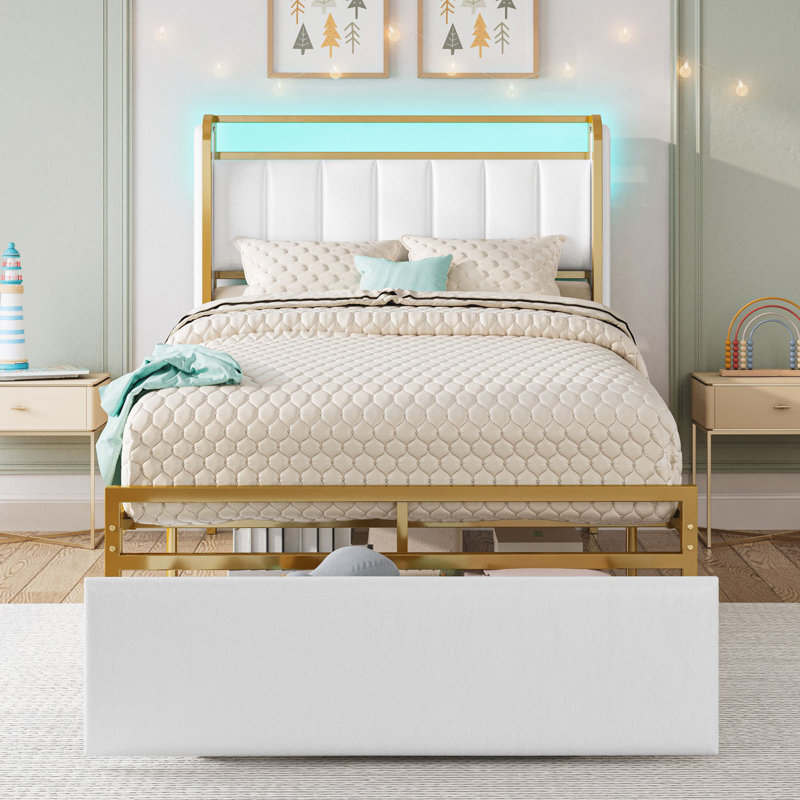 Omartin 45.4'' Bed Frame Twin Size with Armrests Headboard & RGB Light, Upholstered Twin Size Bed Platform with Drawers, Twin