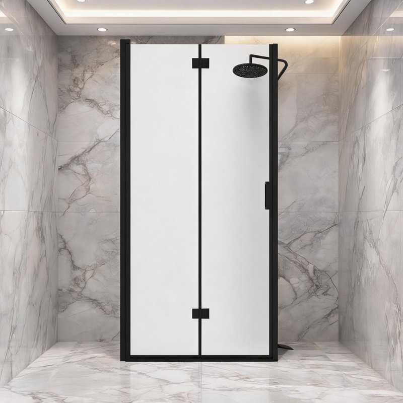 Porte de douche pliante à charnières pivotantes semi-encadrées, noir mat, de 81 à 84 cm (32 à 33 pouces), avec verre trempé de 6 mm et installation réversible