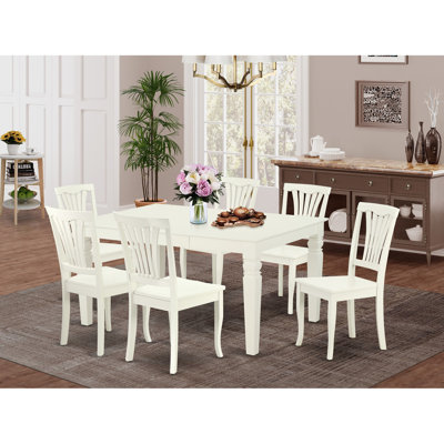 7 Piece Dining Set Consist of a Rectangle Dining Room Table with Butterfly Leaf and 6 Wood Seat Chairs, Linen White