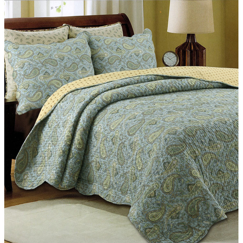 Full Blue Cotton Reversible Paisley Quilt Set
