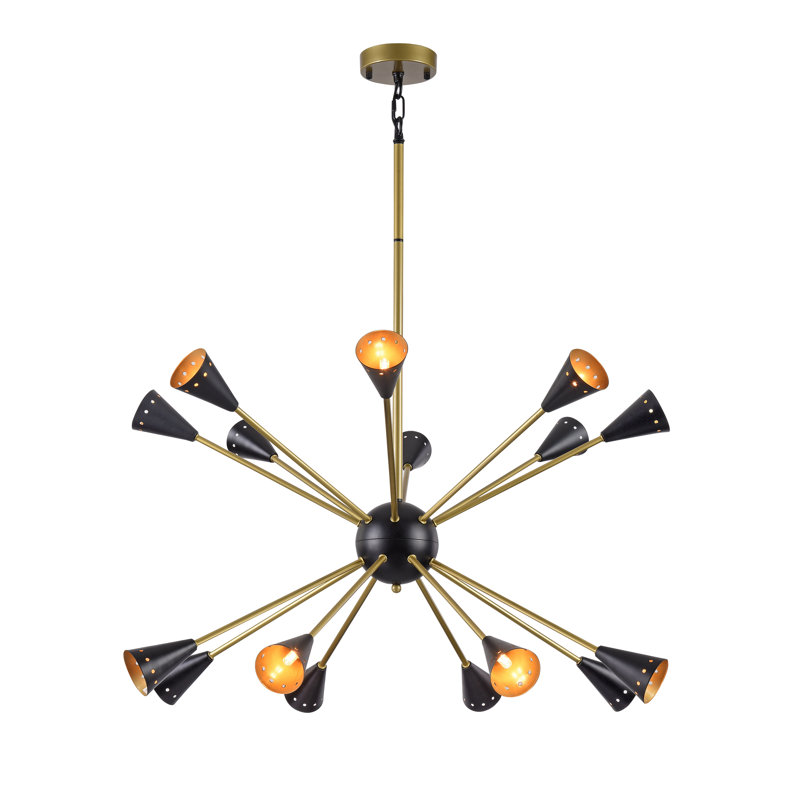 Lustre doré à 16 lumières avec abat-jour en fer noir basque
