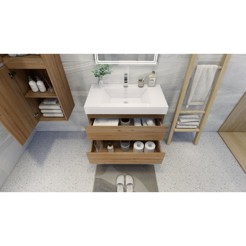 Mitul 35.5'' Single Bathroom Vanity with Acrylic Top, Natural Oak