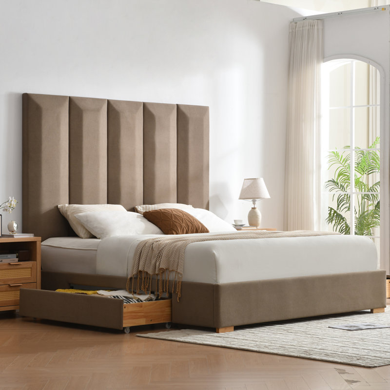 Grande tête de lit tapissier avec 2 tiroirs de rangement en bois Coletti, Très grand lit, Taupe