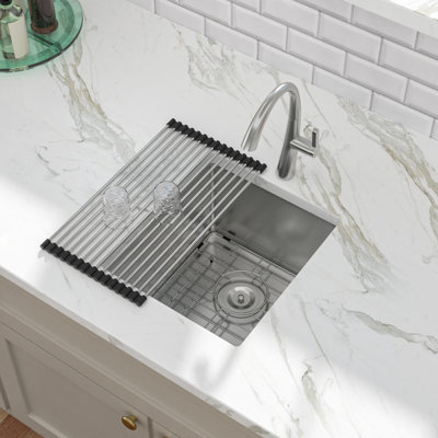 19"L x 20"W Undermount Kitchen Sink, 16-Gauge Stainless Steel Single Bowl Bar Sink with Sink Grid, Drain & Roll-Up Rack