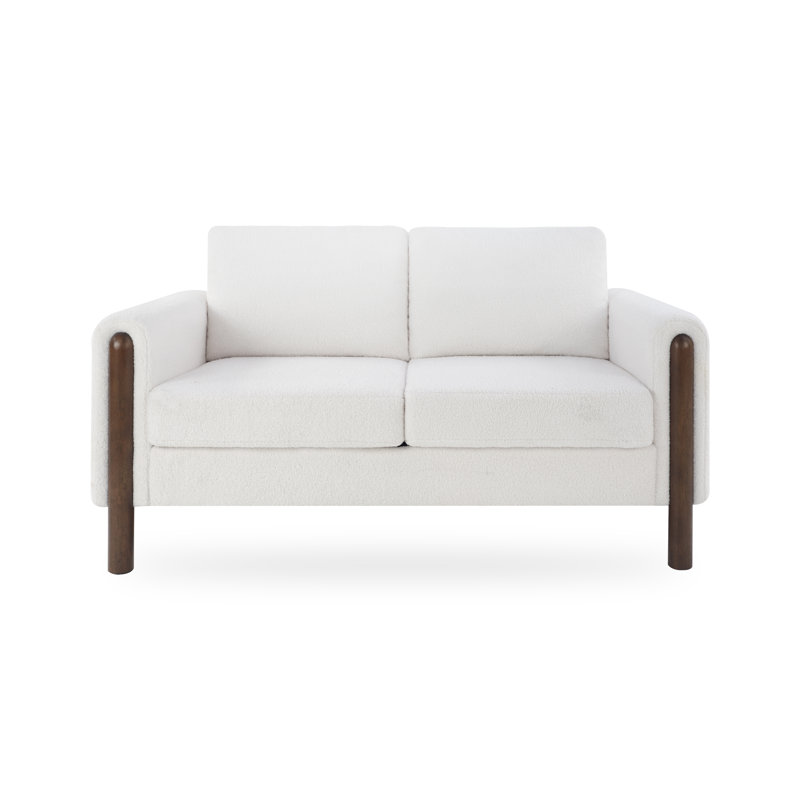 Arora Mid-Century Modern Teddy Upholstered Loveseat with Solid Wood Legs and Back Cushions, White