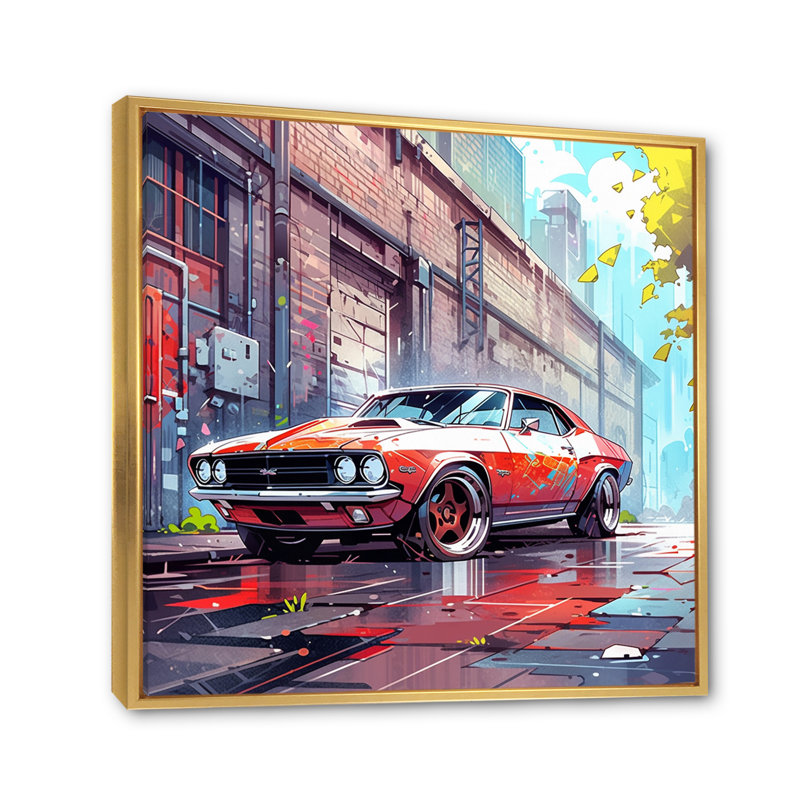 Graffiti Muscle Car II sur toile, Cadre flottant doré, H 16 po x l 16 po x P 1 po
