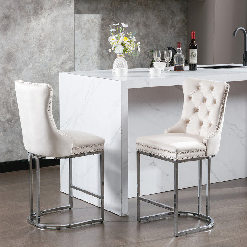 26 Inch Counter Height Bar Stools, Modern Velvet Upholstered with Button Back, Rivet Trim, and Chromed Metal Base for Kitchen Island