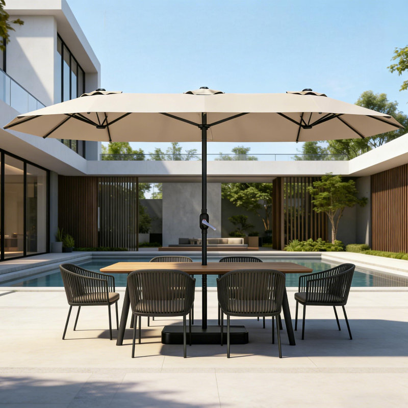 Parasol de patio avec base, manivelle, 15 pi, 2 niveaux, (beige), Beige