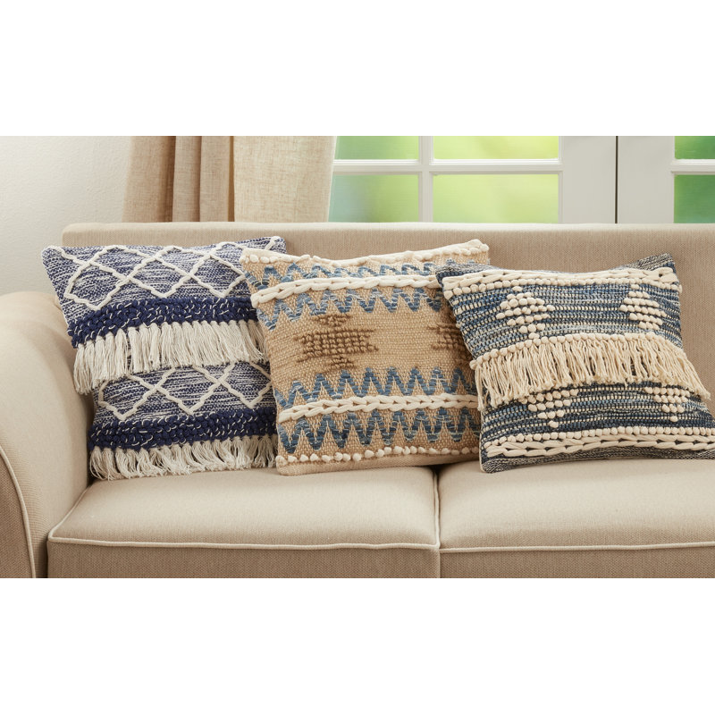 Blue Cotton Chindi Fringe Square Throw Pillow