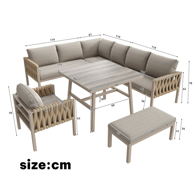 Rynley 238cm Wide L-Shaped Metal Patio Sectional Set, Beige Cushion/Khaki Frame