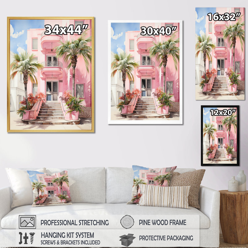 Zappha Pink Miami Artful Facades II - Miami, art mural, H 20 po x l 12 po x P 1 po, Cadre flottant doré