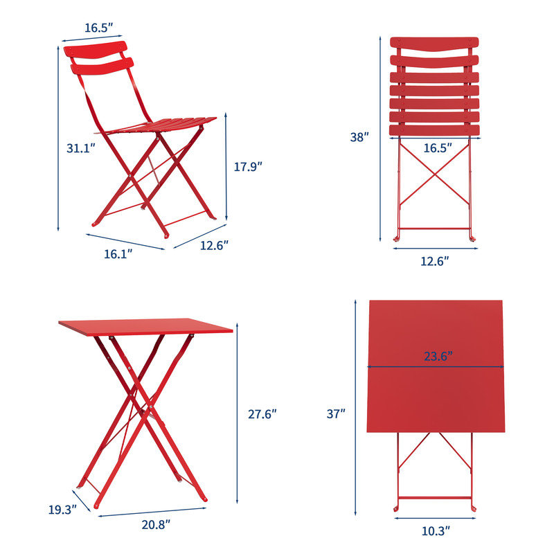 Home 3 Piece Foldable Patio Bistro Set, Outdoor/Indoor Metal Table and Chairs Furniture, Compact Square Table with 2 Folding Chairs for Balcony, Porch, Deck, Garden, Apartment, Small Space, Red