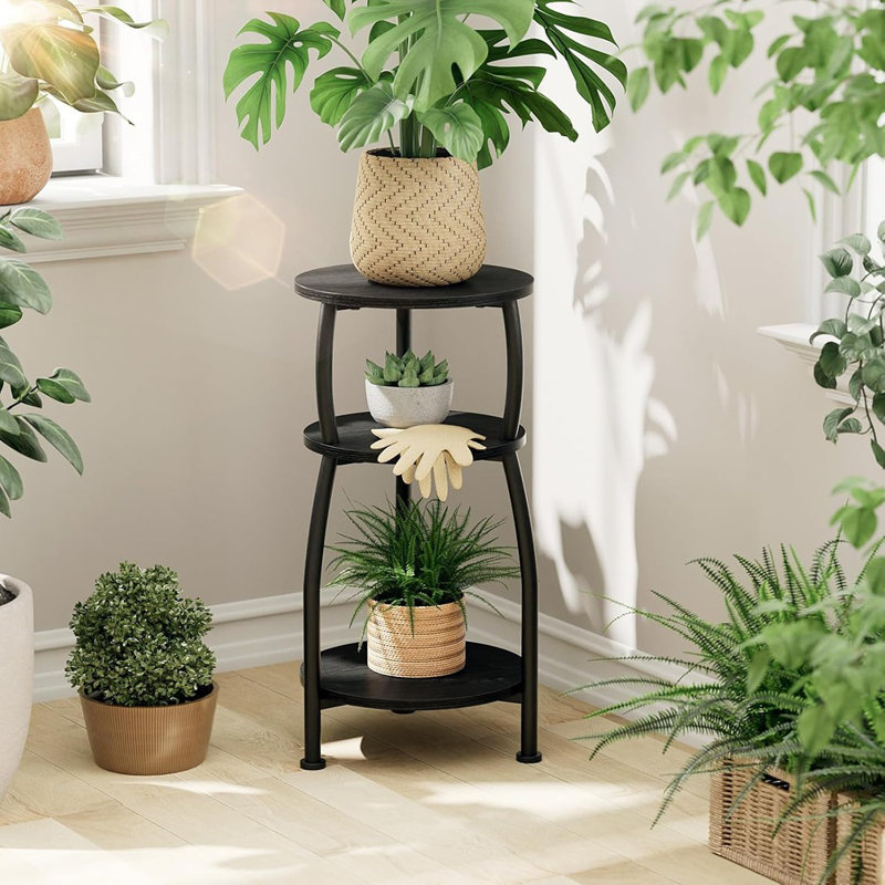 Table d'appoint ronde avec rangement - Table de chevet compacte à 3 niveaux pour le salon / la chambre à coucher (noir)