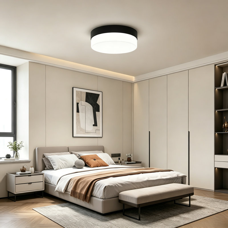 Plafonnier encastré 12 po à intensité variable de 5 carats avec abat-jour en verre laiteux, finition noir mat pour la chambre à coucher du salon