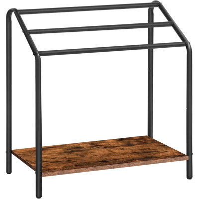 Porte-serviettes autoportant pour la salle de bain, porte-couvertures à 3 niveaux pour le salon, L 31,5 po x l 14,2 po x H 33,9 po, porte-couverture pour courtepointe, séchoir et présentoir, brun rustique et noir